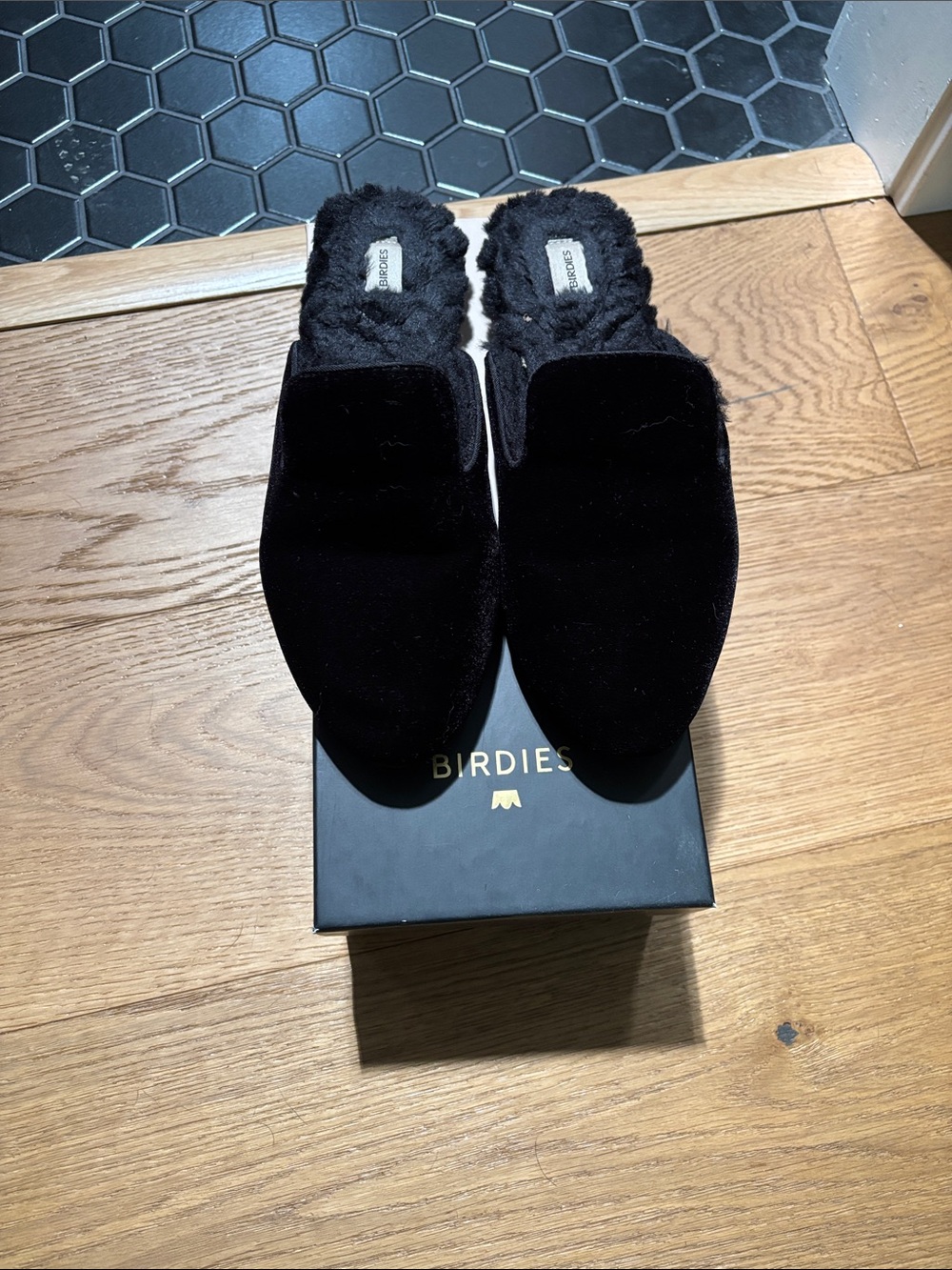 Birdies Black Velvet Slip-On Mules with Plush Shearling